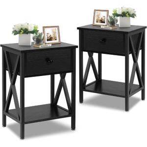 VECELO Night Stands for Bedroom Rustic Nightstand Bedside End Tables with Drawer Storage, (Set of 2), Classic Black