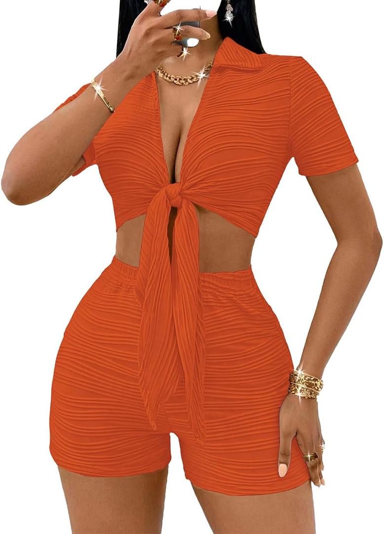 MSLG Women's Sexy 2 Piece Set Solid Summer Bodycon Suit Casual Tie Front Short Sleeve V Neck Crop Top Shorts Outfits Sets S42 (Orange) S MSLG Women's Sexy 2 Piece Set Solid Summer Bodycon Suit Casual Tie Front Short Sleeve V Neck Crop Top Shorts Outfits Sets S42 (Orange) S