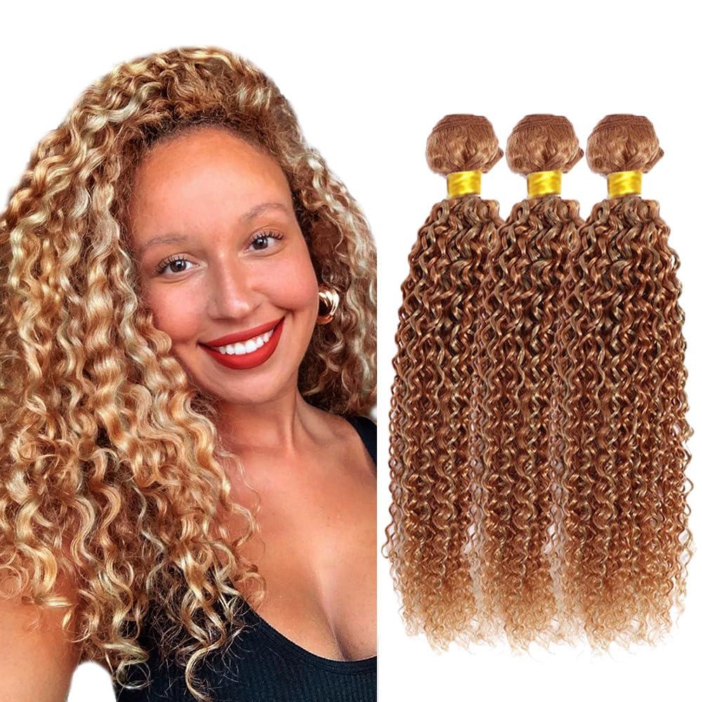 Highlight Kinky Curly Bundle P27/30 Human Hair Weave 22 22 22 Inch Peruvian Virgin Human Hair 3 Bundles Two Tone Color 30 Mixed With Color 27 Bundles Hair Extensions