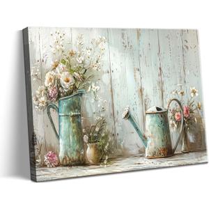 Farmhouse Flower Bathroom Canvas Wall Art Vintage Floral Decor Pictures White Daisy Flowers Watering Can Posters Prints for Bathroom Toilet Washroom Lavatory Home Decoration