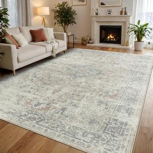 DEXI Area Rugs for Living Room, 8x10 Washable Low Pile Vintage Traditional Rug for Bedroom, Non Slip Large Indoor Carpet for Dining Office Nursery, Beige Blue