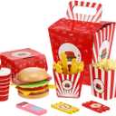 Wooden Fast Food Burger Fries Deluxe Dinner Set, Kitchen Pretend Play Accessories Toy, Realistic Burger Fries Pretend Play Food Set Toy House Props Educational