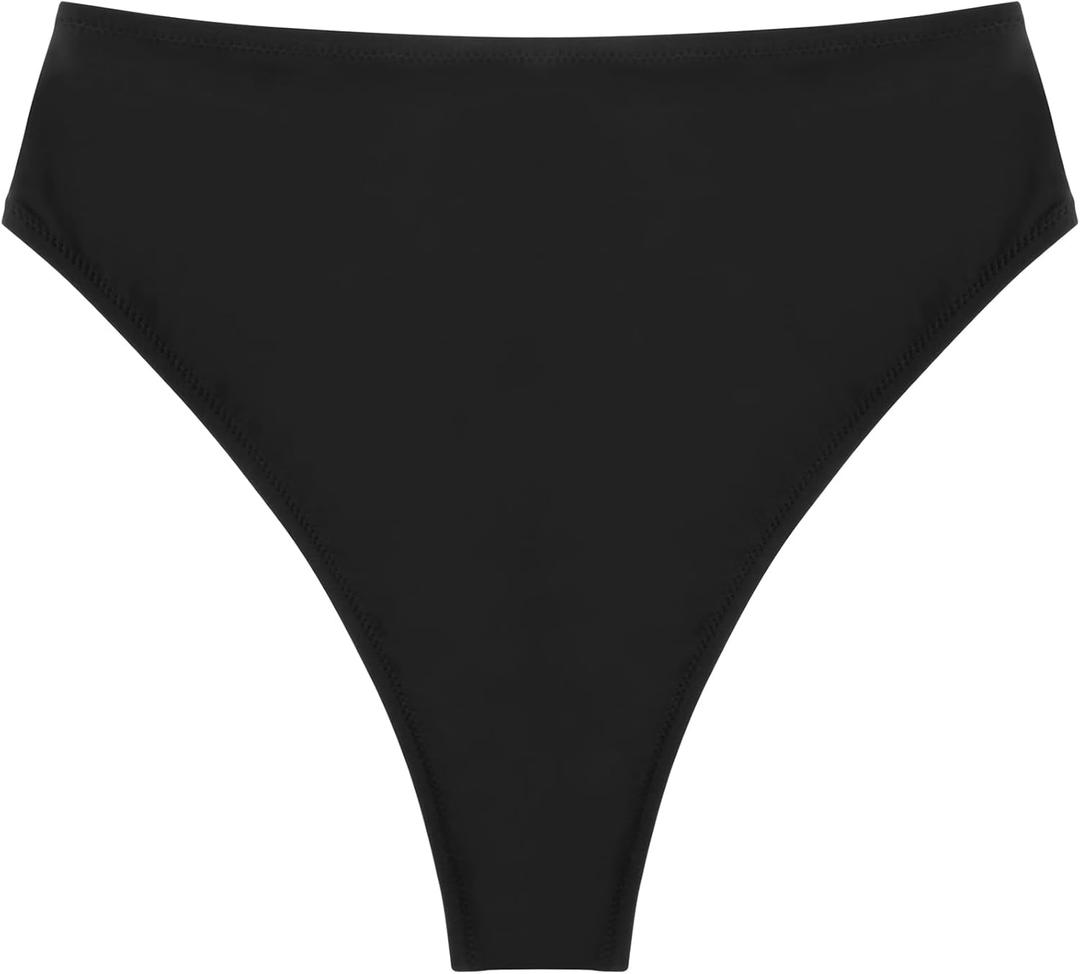 Colloyes Women's High Waisted High Cut Thong Bikini Bottom (Large, Black)