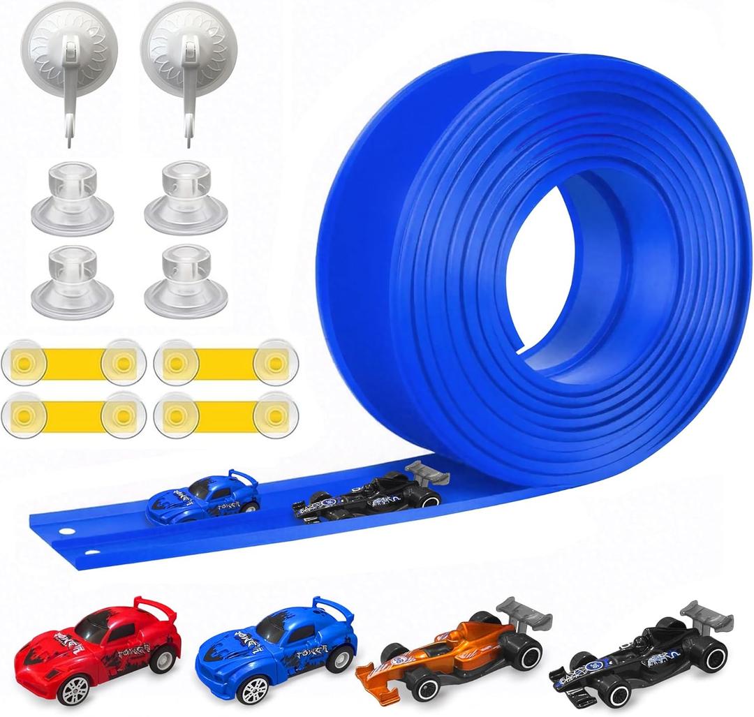 Flexible Race Track for Kids Starter Set - 20FT Flex Race Car Ramp Track with Strong Suction Cups, Rolls Up Portable DIY Racetrack Compatible with Hot Wheels & Diecast 1/64th Cars (Blue)