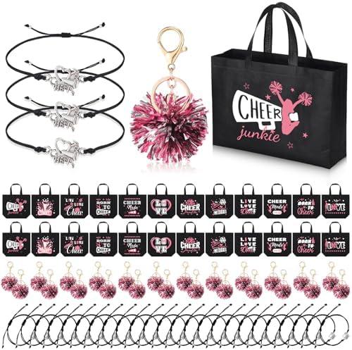 Landical 72 Pcs Pink Cheerleading Gifts 24 Cheer Bags Portable 24 Pom Pom Keychain 24 Cheerleading Bracelet Canvas Makeup Bag Bulk Cheer Gifts Female Teammates Toiletries Accessories