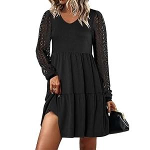 ANRABESS Dresses for Women Casual Lace Long Sleeve V Neck Tiered Swing Flowy Loose A-line Mini Short 2025 Fall Vacation Dress Black Medium