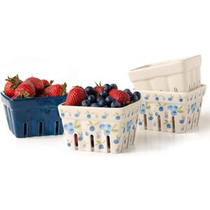 NOSTALGIE Farmhouse Ceramic Berry Basket, Colander, Farmers Market square Bowl. Rustic Kitchen decor fruit bowls, Fruit Baskets, Bleu White and Blueberry pattern Stoneware Harvest Bowls Set of 4