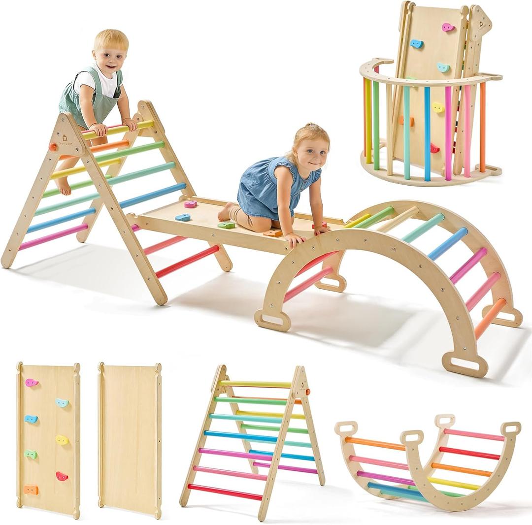 Tiny Land Pikler Triangle Set, 7-in-1 Foldable Pikler Triangle Climbing Toys Set for Kids,Baby Indoor Playground Jungle Gym, Wooden Montessori Climbing Set for Toddler (Rainbow) (Standard)