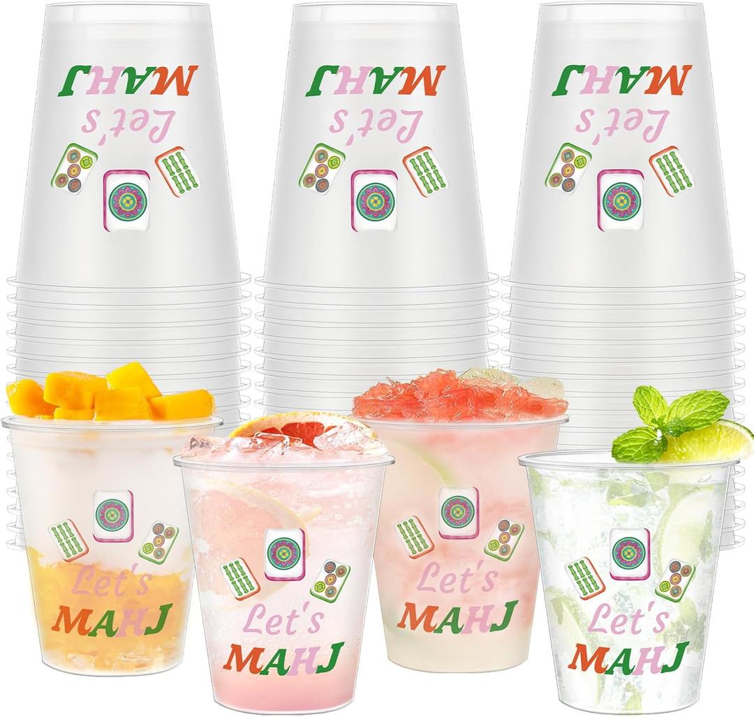 Meanplan 50 Pcs Mahjong Cups Plastic Reusable 12 oz Mah Jong Party Supplies Mah-Jong Cups Gifts for Women Game Night Family Play Day Theme Birthday Party Decorations(Mahj)
