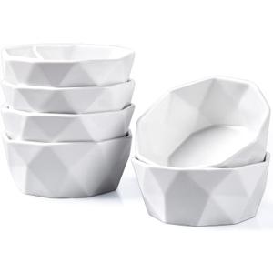 DELLING Ramekins 8 oz, Creme Brulee Ramekins, Porcelain Ramekins Oven Safe, Geometric Style Ramekins for Baking Souffle, Ice Cream, Snack, Charcuterie Bowls, Set of 6, White