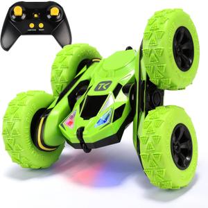 Threeking Remote Control Car RC Cars Toys for Boys Girls Ages 6-12, 4WD Stunt Car with Breathing Soft Lights, Double-Sided Driving & 360 Flips, Presents Gifts, Green