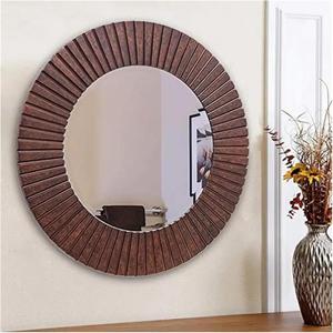 Bathroom Mirror, 30'' Round Wooden Frame Decorative Mirror Wall Living Room Bathroom Bronze Groove Finish Large Reflective Glass Farmhouse Dcor