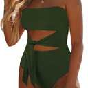 Viottiset Women's Bandeau One Piece Swimsuit Strapless Tie High Cut Out Bathing Suit (Large, Dark Green)