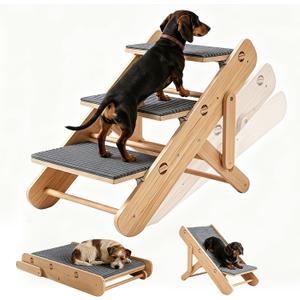 2 in 1 Compact Dog Stairs & Ramp for Small Dogs, Dachshunds & Old Cats, Sturdy Wooden Foldable Adjustable Pet Steps with Non-Slip Mat for Bed Couch Car Travel