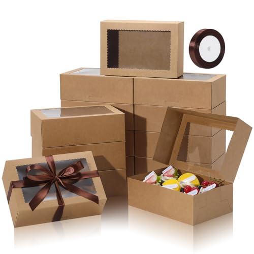 COTOPHER 10Pcs Cookie Boxes with Ribbons, 9x6x3 Inch Bakery Boxes with Window, Brown Treat Containers for Pastries, Chocolate Covered Strawberries, Dessert, Easter Candy, Muffins, Donuts