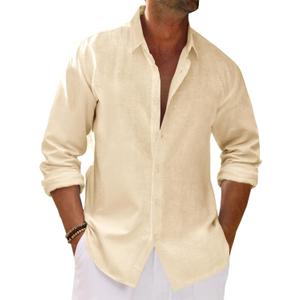Runcati Mens Button Down Shirt Cotton Linen Casual Long Sleeve Shirts Collared Hippie Beach Tops,XL