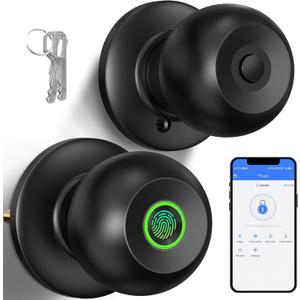 52HZ Fingerprint Door Knob with Lock, Smart Lock for Bedroom Door, Biometric Door Lock with App Control & Key, Thumbprint Keyless Entry Door Lock for Front Door, Home, Apartment, Office, Matte Black