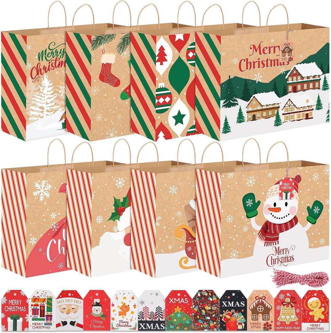 woric 16 Pcs Extra Large Christmas Gift Bags with Handles, 48 Christmas Gift Tags, 20x15x7 Inch Jumbo Xmas Paper Bags with for Present Wrap Party Decor Stocking Stuffers (Red Green Cute)