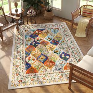 Bohemian Geometric Floral Bedroom Rug 4x6, Machine Washable Area Rug, Low Pile Soft Carpet, Non-Slip for Entry, Living Room, Kids, Girl/Boys Room | Beige