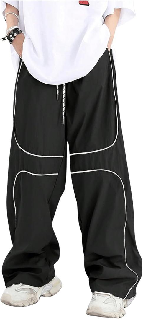 GORGLITTER Men's Baggy Track Pants Y2K Drawstring Elastic Waist Wide Leg Parachute Pants (Large, Black)
