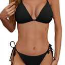 Zuvebamyo Women's Two Piece Bikini Swimsuit Sexy Ribbed Triangle Top Bathing Suits String Cheeky Bikini Sets (Medium, Black)