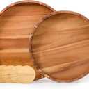 Round Wood Serving Trays Set of 2, Ottoman Tray Rustic Acacia Wooden Trays with Handles, Nesting Circle Tray with 4 Coasters for Coffee Table Living Room Bathroom Bedroom Party (15.75"+13.78" Round Tray - Acacia)