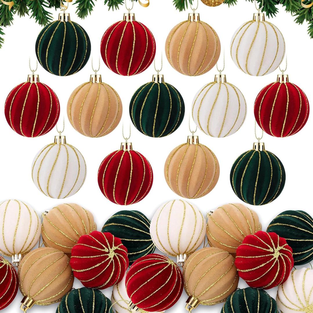 24 Pcs Velvet Christmas Ornaments Balls 2.36 Inches Flocked Burgundy Red Green Brown Velvet Hanging Ornaments for Christmas Tree Shatterproof Plastic Ball Decorations for Xmas Holiday Party