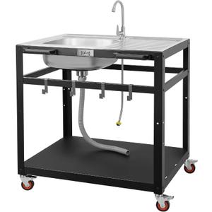 35-Inch Outdoor Grill Cart with Stainless Steel Sink, Rolling BBQ Prep Table with Faucet, Storage Shelves and Lockable Wheels for Patio, Backyard and Outdoor Cooking, Silver & Black