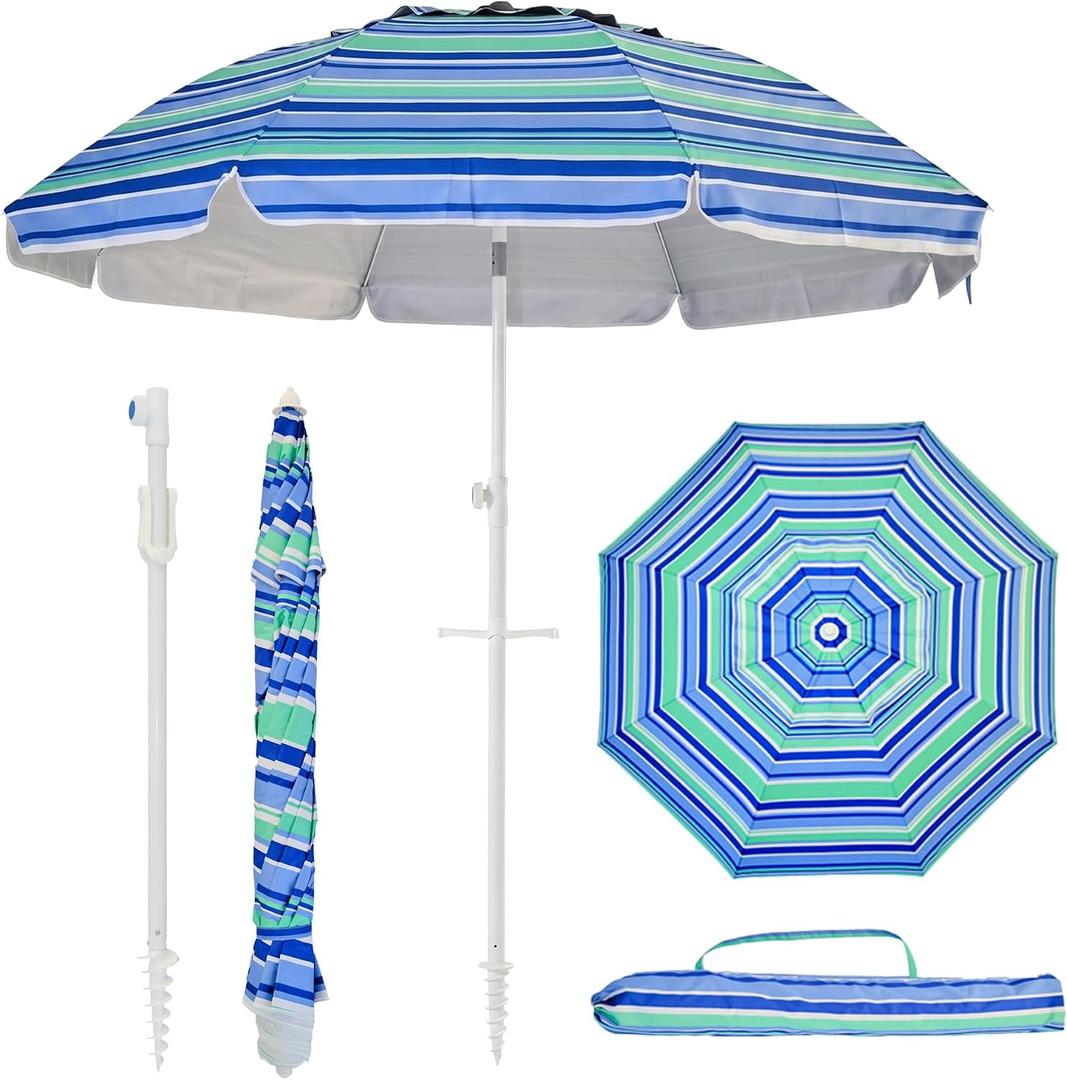 7ft Portable Beach Umbrella Heavy Duty Shade Umbrella, Blue Stripes | UPF 50 UV Protection, Easy Set up with Sand Anchor, Air Vent Tilt Pole Carry Bag Design for Outdoor Patio Pool Beach Garden