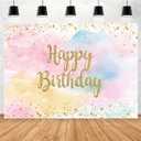 Pastel Rainbow Cloud Happy Birthday Backdrop for Girls Women 9x6ft Glitter Gold Dots Sweet 16 18th 21st Bday Photography Background Party Decoration Banner Cake Table Supplies Photo Booth