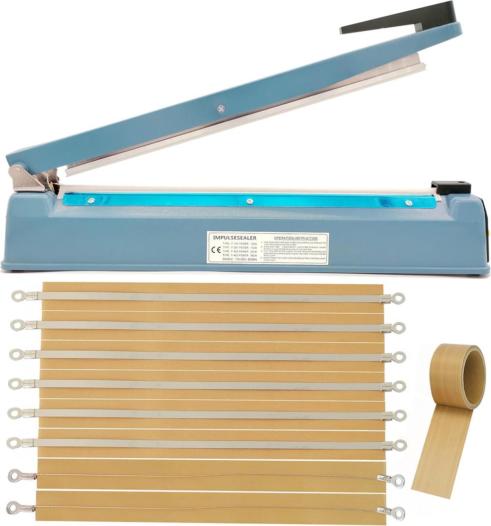 Impulse Heat Sealer 16 Inch Mylar Bag Sealer Heat Seal Machine, 110v Manual Heat Sealer for Plastic/Poly/Cookie Bags, 8 Replacement Parts & Teflon Cloth Strip(2 Round Cutter Lines Included), Blue