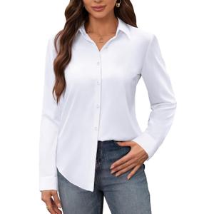 siliteelon Women's Stain Shield Dress Shirts Wrinkle Free Long Sleeve Shirts Solid Work Business Button Down Shirts (X-Large, White)