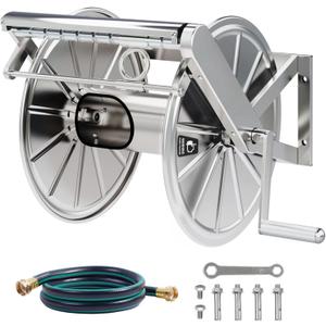 Stainless Steel Garden Hose Reel Heavy Duty, Wall Mount Water Hose Holder, 150 Feet of 5/8 Inch Hoses Capacity, Hose Reels with 5 ft Inlet Hose for Outside, Lawn, Yard, Garage