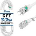 YOJOE Indoor Outdoor Extension Cord with Lighted End, 3 Prong 15A Weatherproof Power Cord, 10 Gauge Heavy Duty 6 ft White Extension Cord for Garage, Garden and Home, 10/3 SJTW UL Listed (6 Foot)