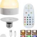  E26 Rechargeable Light Bulb with Remote and Timer,Battery Operated Light Bulb for Sconces and Lamps,E26 Detachable Charging for Non-Hardwired Fixture, 3 Color Temperatures + 12 RGB Colors,2P