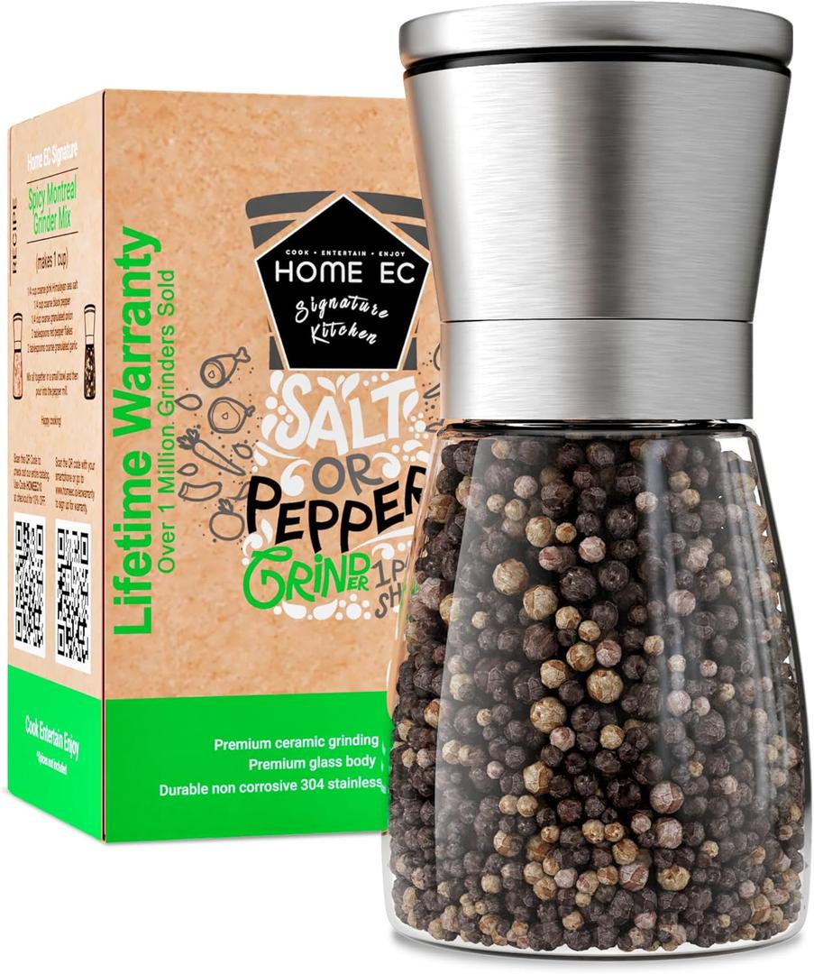 HOME EC Original Stainless Steel Salt or Pepper Grinder 1pk - Adjustable Ceramic Sea Salt Grinder or Pepper Mill - Tall Glass Spice Shaker - Spice Mill w/EBook