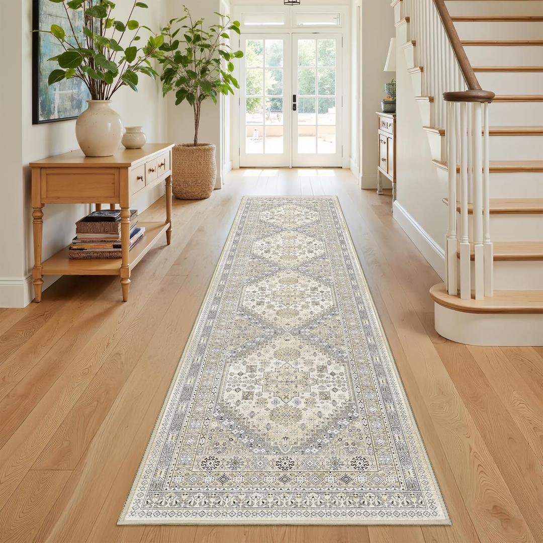 Runner Rug 2x8 Runners for Hallways Non Slip Washable, Vintage Hallway Runner Rugs for Living Room, Low Pile Soft Hallway Rug for Kitchen Bedroom Laundry Room Rug (Beige, 2'x8')