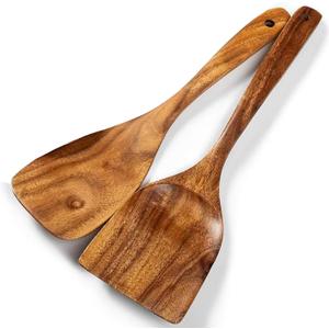 Wooden Spatulas, 2 PCs Natural Acacia Wooden Cooking Utensils Set for Non-stick Pan Kitchen Tool, flipping and Wok Spatula, Wooden Spoons & Spurtle for Cooking