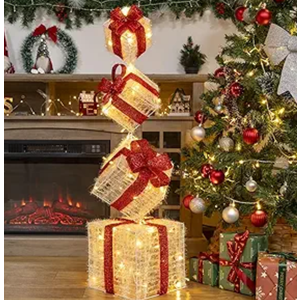 SANHSEHOME Set of 4 Lighted Gift Boxes, 3.3FT 70 LED Stackable Light Up Present Boxes for Christmas Decorations Indoor Porch Home Decor(4 Pack)