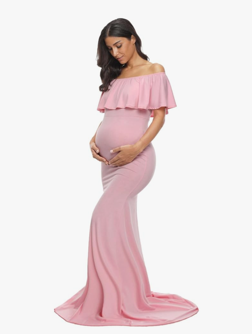 Glampunch Womens Off Shoulder Maternity Dress Ruffles Elegant Slim Gowns Fit Maxi Photography Dress L