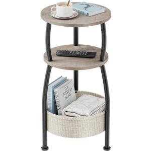 Round Side Table with Storage Basket Small Space Saving End Table 3-Tier Coffee Table Bedside Corner Stand for Living Room, Bedroom, Garden and More 24in Tall Greige (11.81" Dia)