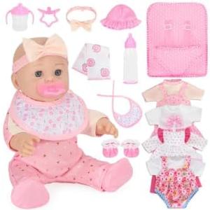 12'' Baby Doll Playset with 4 Outfits Backpack, 12 Inch Realistic Baby Dolls with Clothes Backpack and 2 Bottles Bib Quilt Nipple Socks, Pretend Play Baby Doll Gift for Toddlers Girls Age 3+