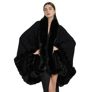 Tngan Faux Fox Fur Trim Cardigan Cloak Shawl Wraps Winter Poncho Oversized Cape Black