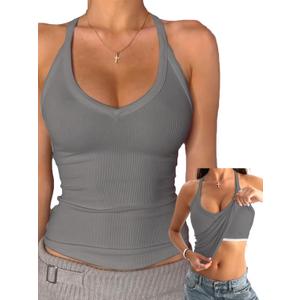 Danysu V Neck Cotton Tank Tops with Built-in Shelf Bra Sleeveless Racerback Fitted Basic Cami Shirts (Small, Heather Grey)