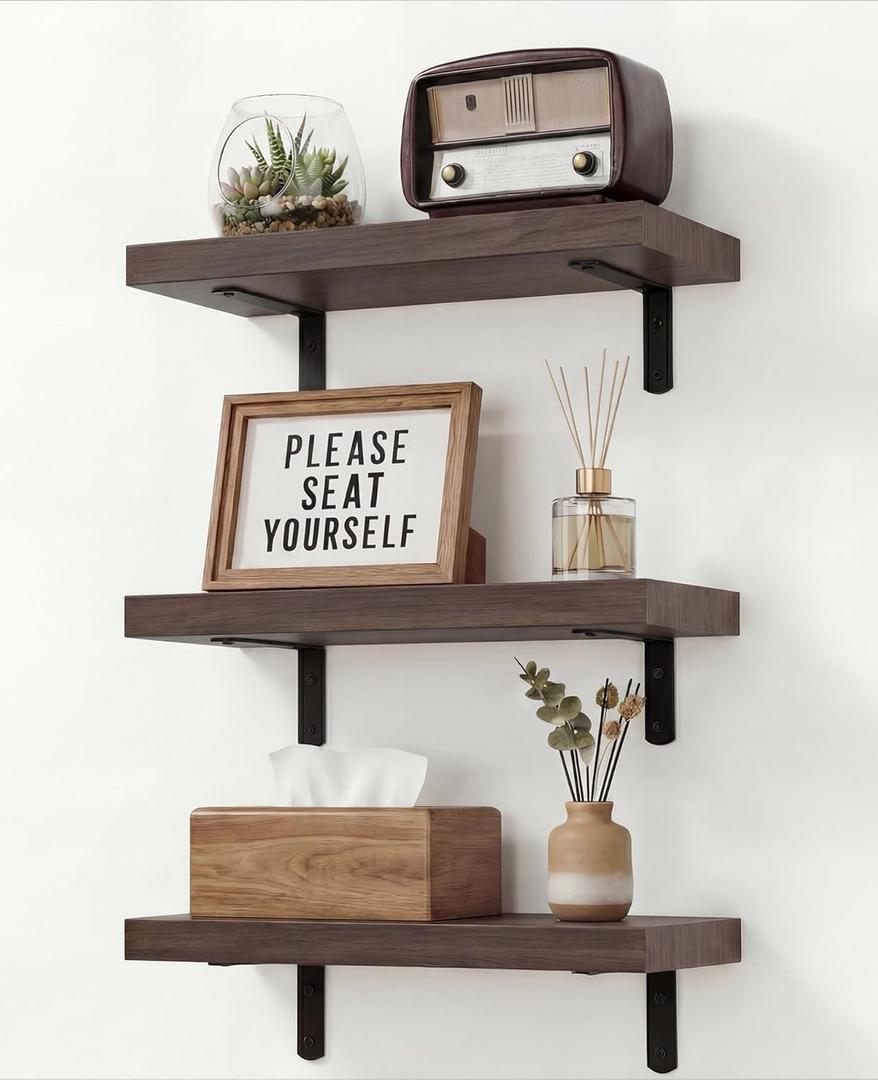 Easy Install Floating Shelves, 15.7 Inch Wall Mounted Wood Shelf,Hanging Shelf for Home Decor, Books and Storage, Small Organizer for Bedroom, Bathroom, Kitchen, Set of 3, Vintage Brown