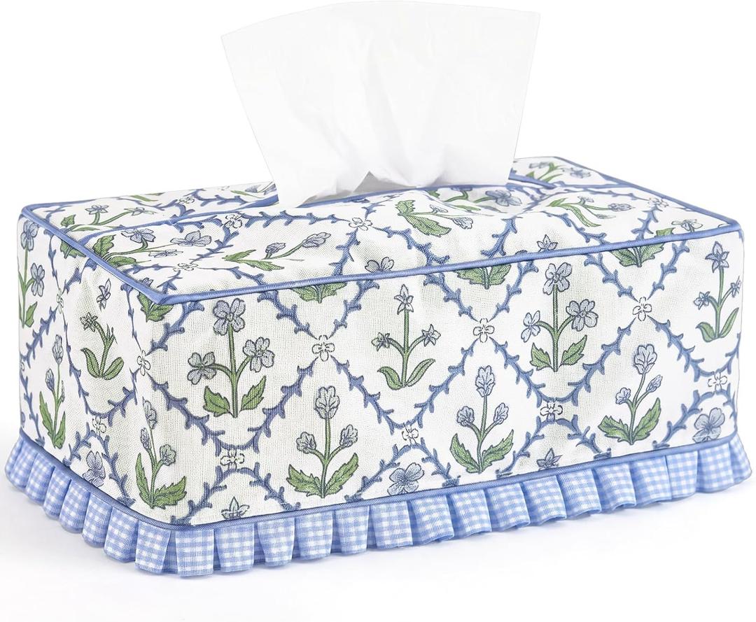Ruffle Boho Fabric Tissue Box Cover, Handmade Block Print Floral Cloth Rectangular Decorative Tissue Box Sleeve Grand Millennial Decor for Bathroom Vanity Home Office(Trellis Floral)