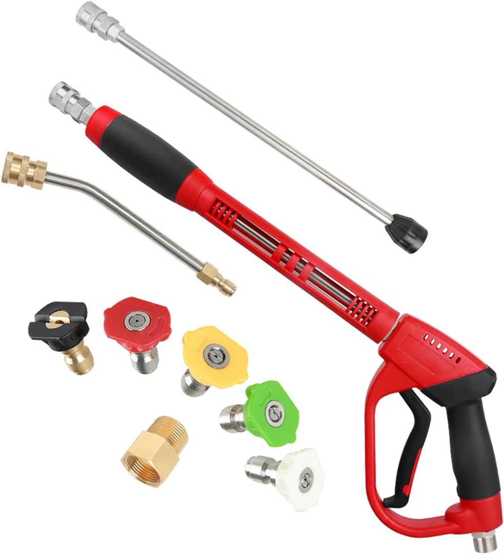Upgraded Pressure Washer Gun with Extension Replacement Wand, M22 Fitting,7 Inch 30 Degree Curved Rod, 5 Nozzle Tips, 5000 PSI, 47 Inch (black and red)