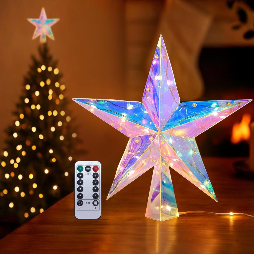 Christmas Tree Topper Star 11.8" PET Christmas Tree Topper Lighted with Remote Multicolour 20LED Lighted Treetop Decorate for Xmas Decorations Ornaments Holiday Party Indoor Decor