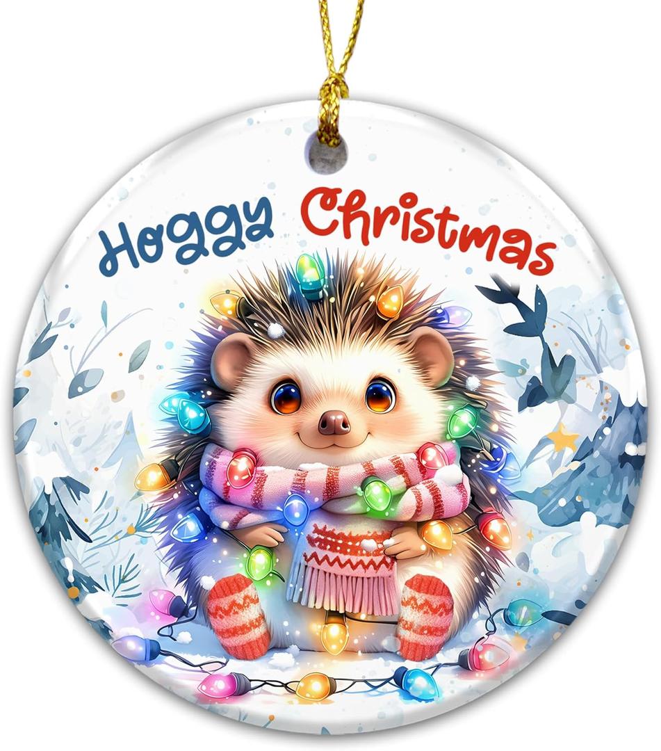 2 x Hoggy Christmas Ornament 2025  Cute Hedgehog Christmas Tree Decoration with Holiday Lights & Scarf  Funny Animal Ceramic Keepsake, for Hedgehog Lovers, Family & Friends