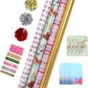 LaRibbons Christmas Wrapping Paper Sets, Classic Reindeer Stripes & Happy Holiday Design with Ribbons & Gift Tags & Metallic Pom Pom for Christmas, Holiday30Inch  10Feet 4 Rolls: 100 Sq.Ft.Ttl